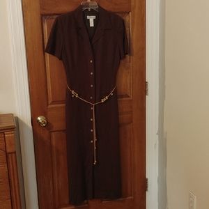 Dress Barn, Size 10, Brown button up dress with beaded belt.